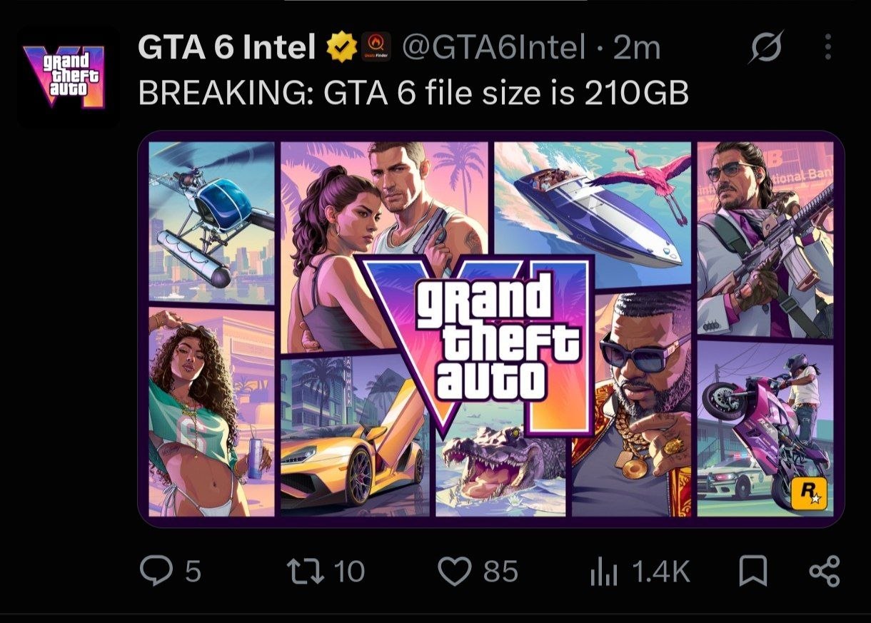 حجم بازی مشخص شد طبق گزارش @PlaystationSize در X، حجم بازی GTA 6 حدود 210…