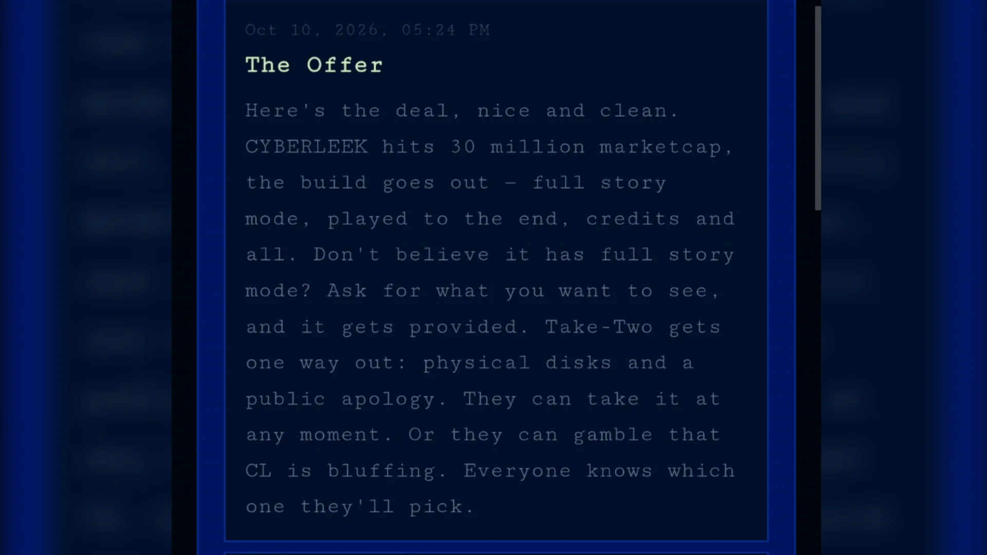 سایبرلیک در اطلاعیه دیگری با عنوان «The Offer» ادعای بزرگتری مطرح کرده: اگر…